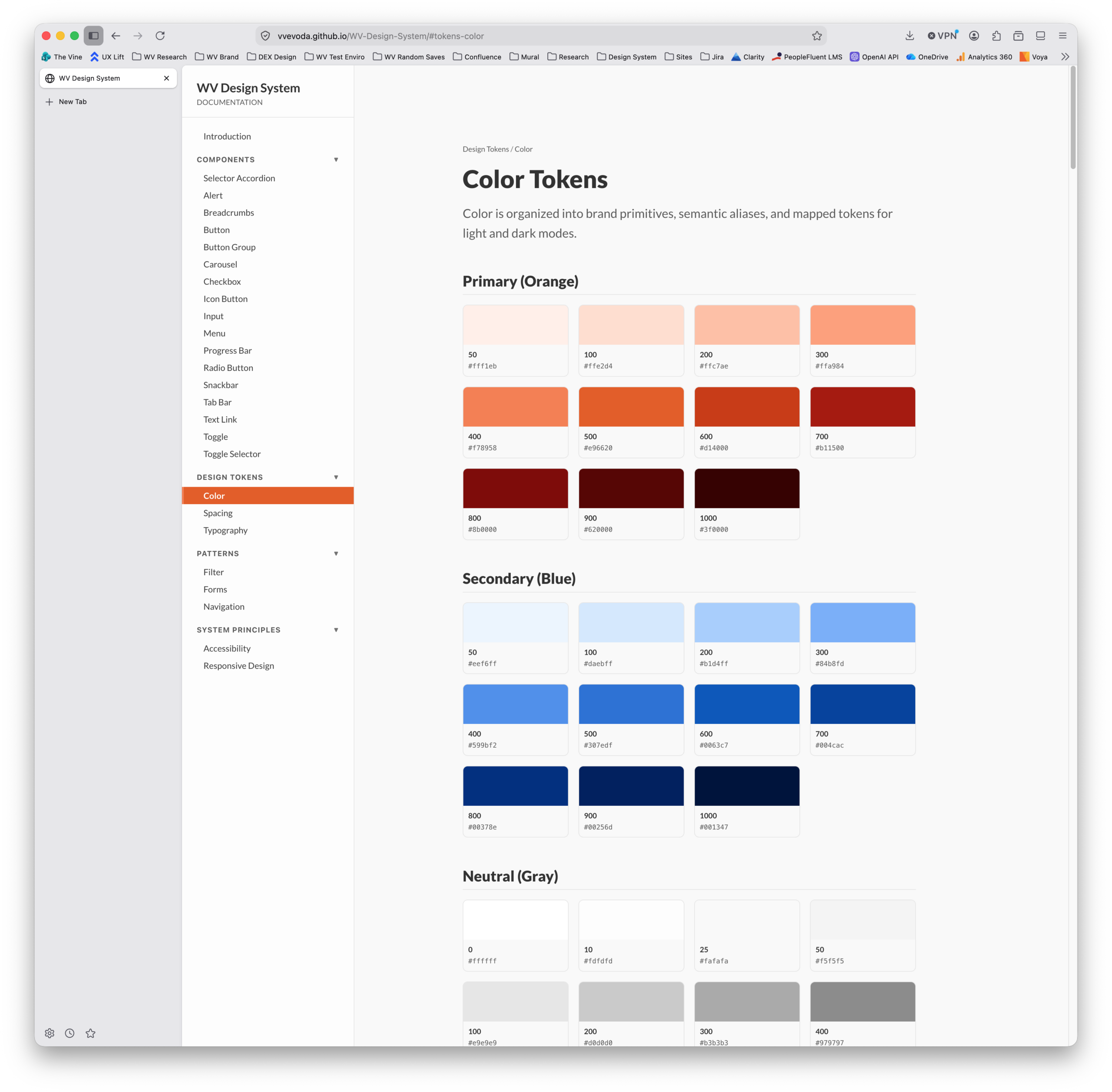 Documentation of color tokens on Git Pages